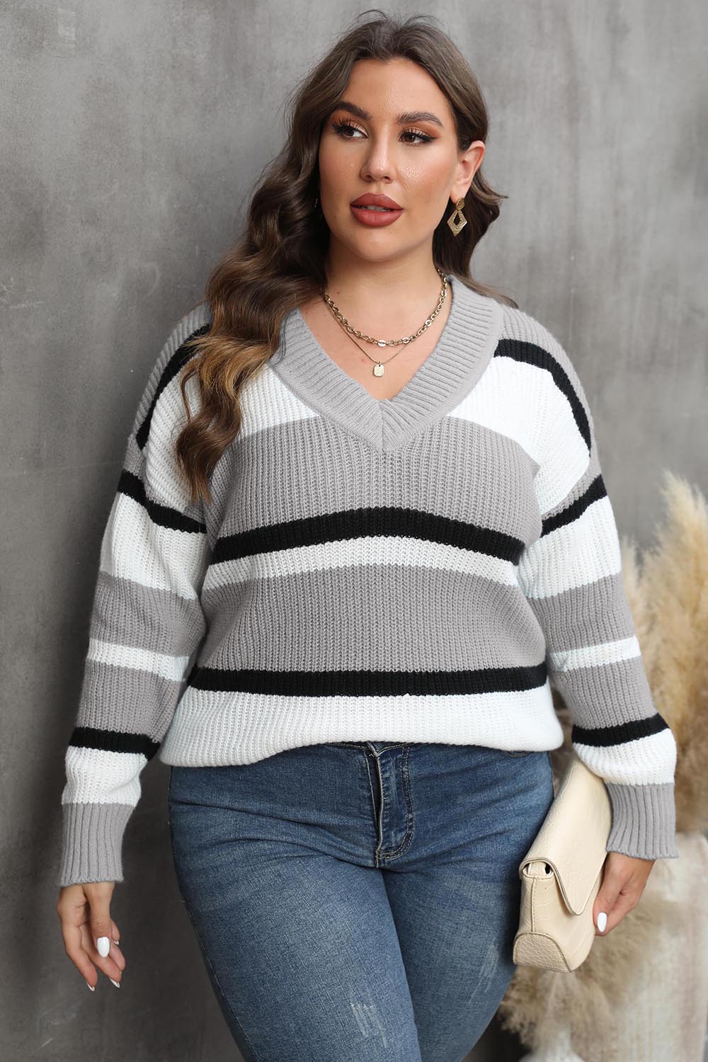 Plus Size Striped V-Neck Dropped Shoulder Sweater - Pahabu - Women's Clothing & Shop