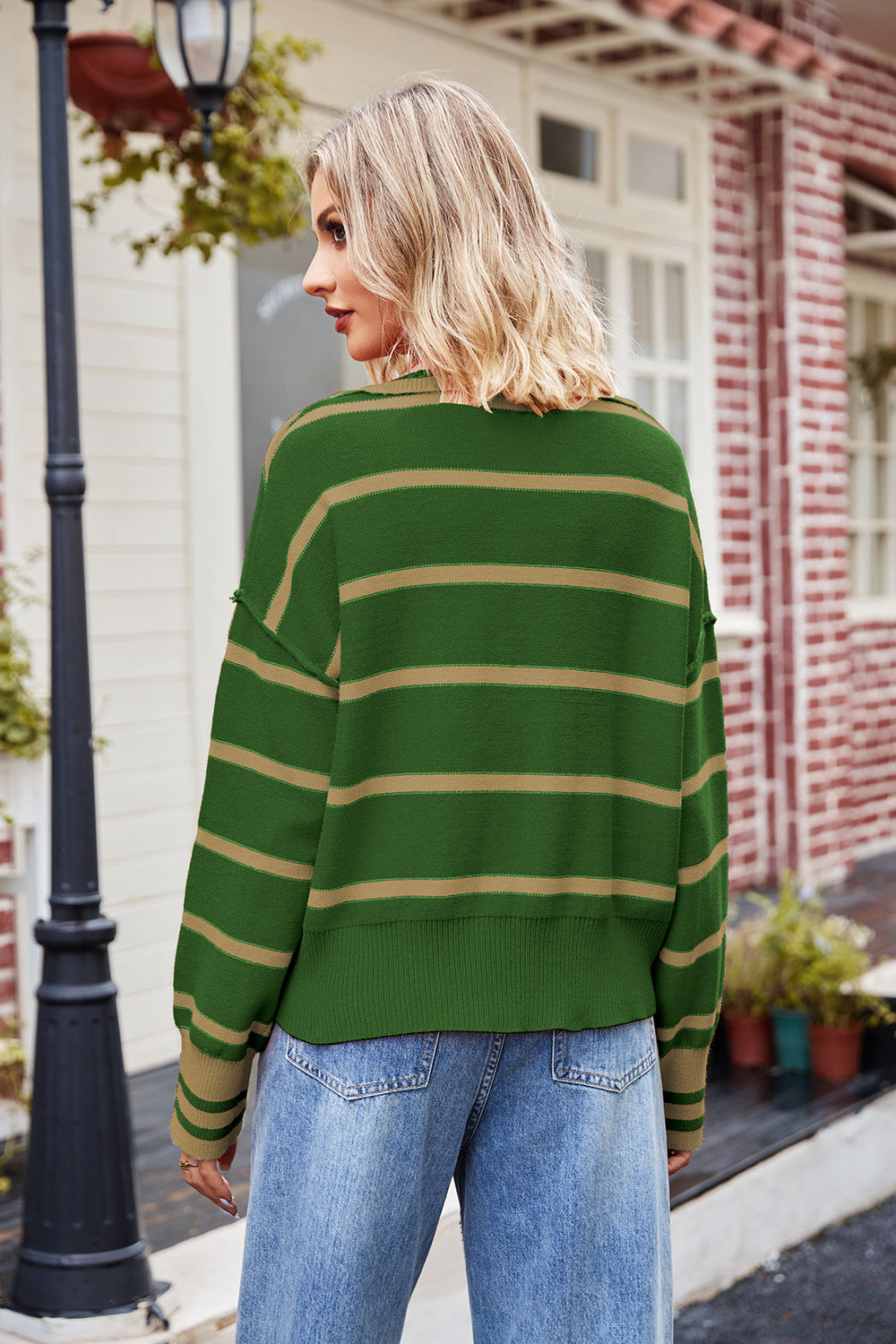 Striped Johnny Collar Sweater - Pahabu - Women's Clothing & Shop
