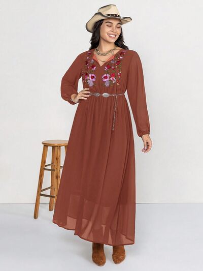 Plus Size Embroidered Tie Neck Long Sleeve Dress - Pahabu - Women's Clothing & Shop