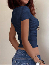 Half Button Scoop Neck Short Sleeve Knit Top - Pahabu - Women's Clothing & Shop