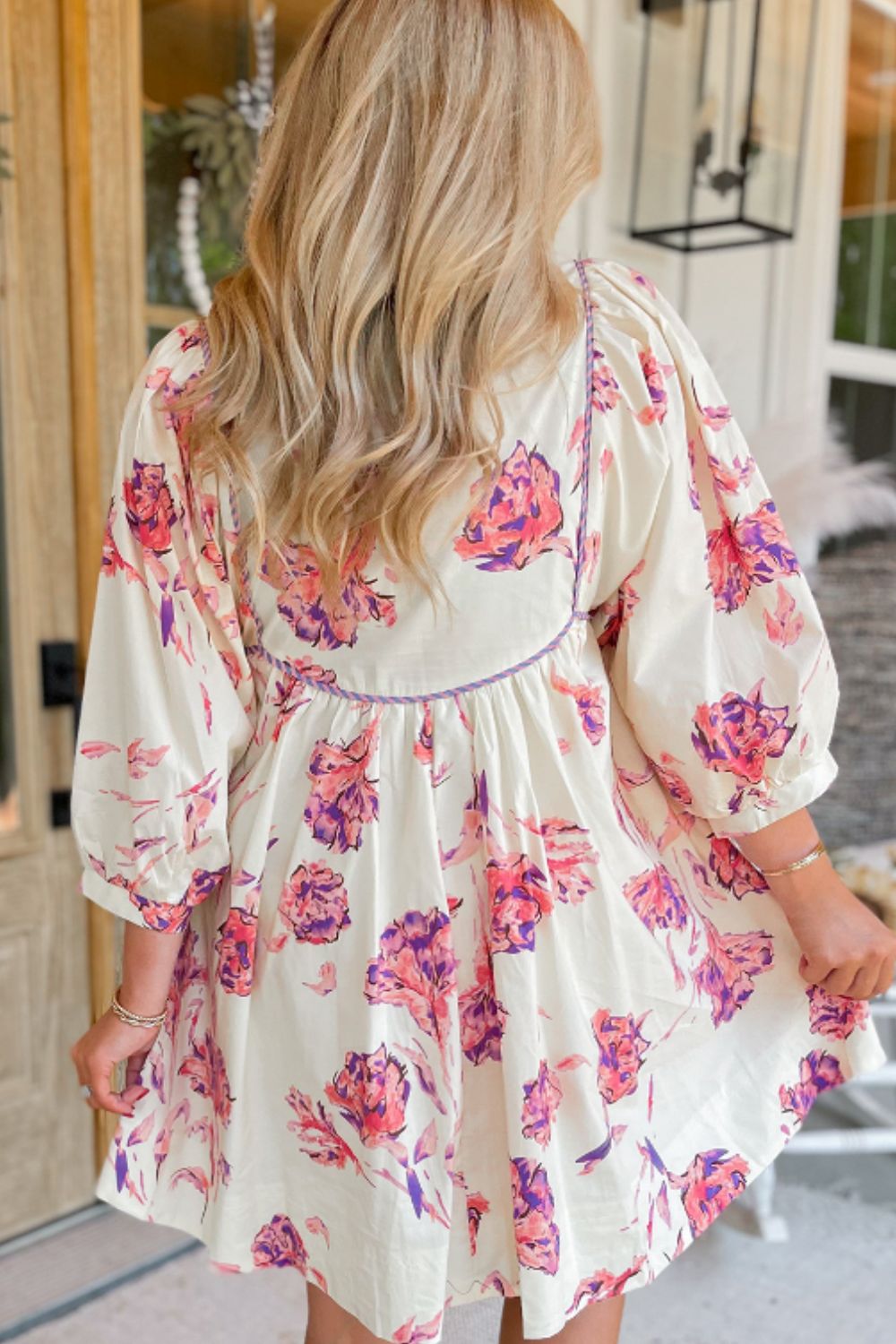 Tied Flower Printed Three-Quarter Sleeve Dress - Pahabu - Women's Clothing & Shop