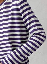 Striped Round Neck Long Sleeve Sweater - Pahabu - Women's Clothing & Shop