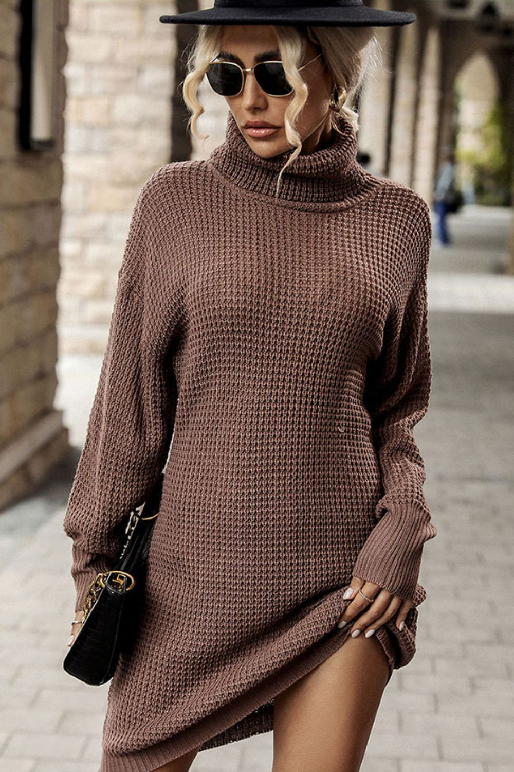 Perfee Turtleneck Dropped Shoulder Mini Sweater Dress - Pahabu - Women's Clothing & Shop