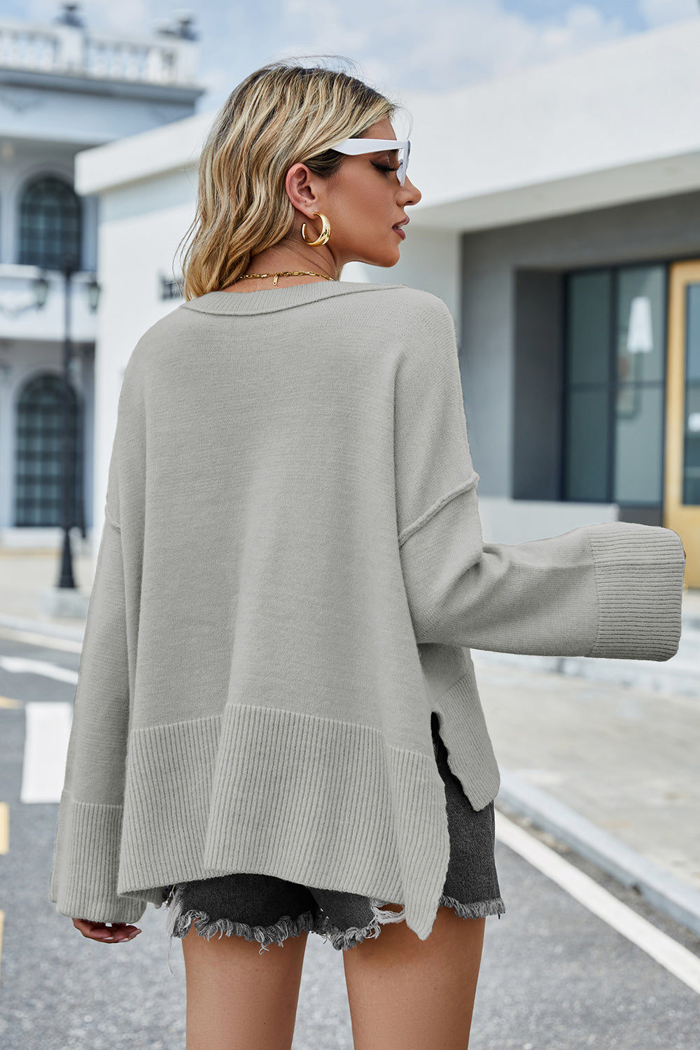 High-Low Slit Round Neck Long Sleeve Sweater - Pahabu - Women's Clothing & Shop