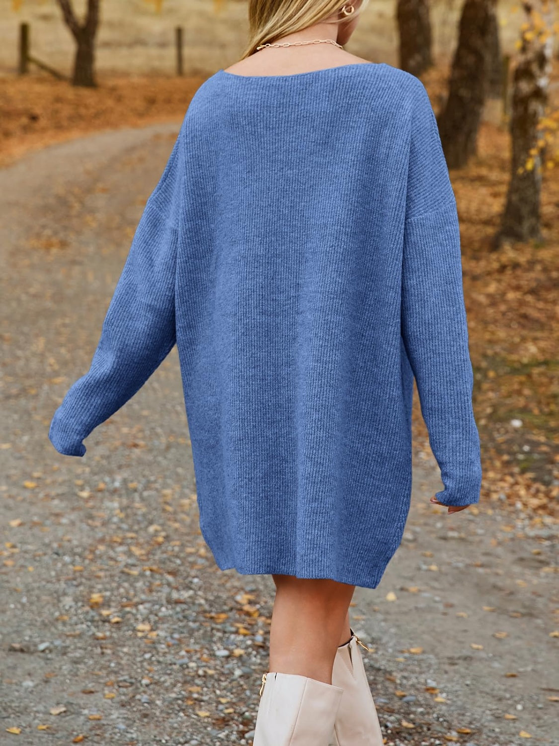 V-Neck Dropped Shoulder Sweater Dress - Pahabu - Women's Clothing & Shop