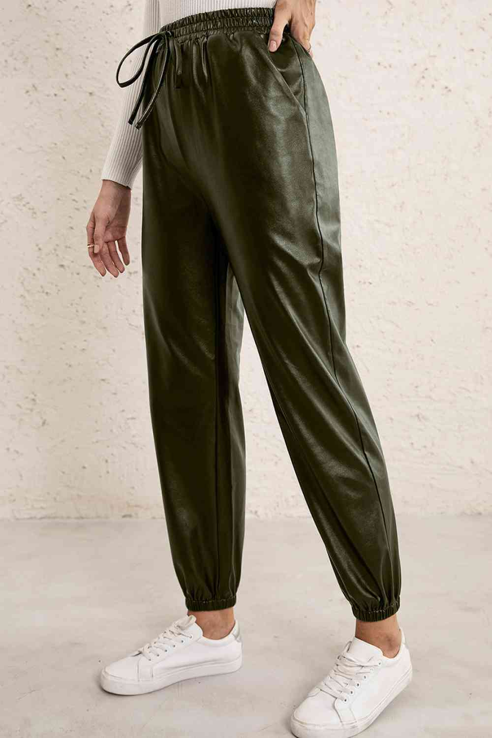 Ivy Lane Elastic Waist PU Leather Joggers - Pahabu - Women's Clothing & Shop