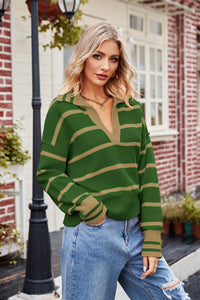 Striped Johnny Collar Sweater - Pahabu - Women's Clothing & Shop