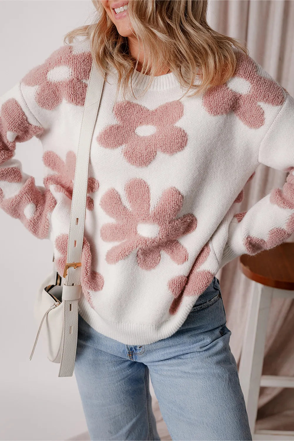 Flower Round Neck Long Sleeve Knit Top - Pahabu - Women's Clothing & Shop
