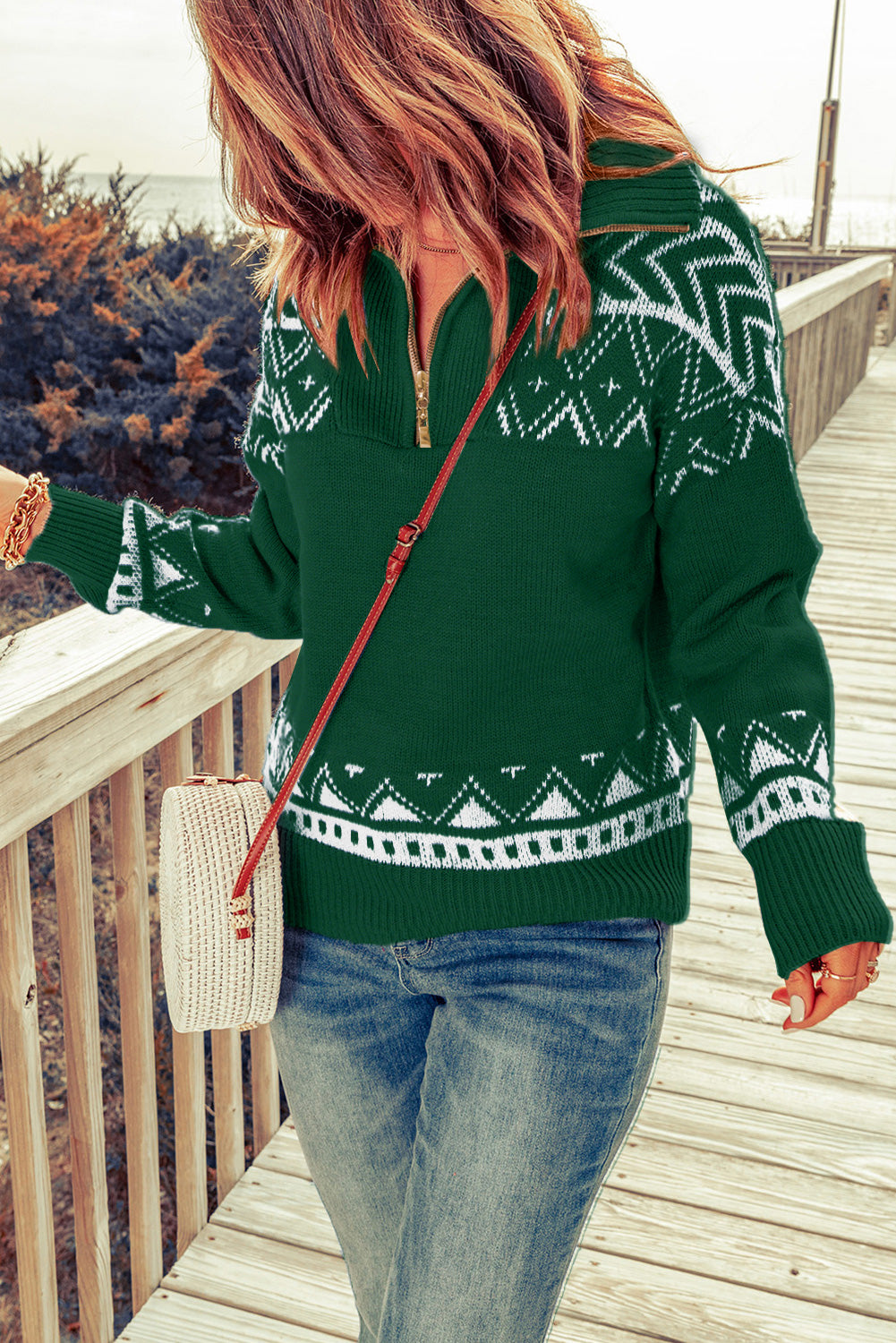 Zip-Up Mock Neck Dropped Shoulder Pullover Sweater - Pahabu - Women's Clothing & Shop