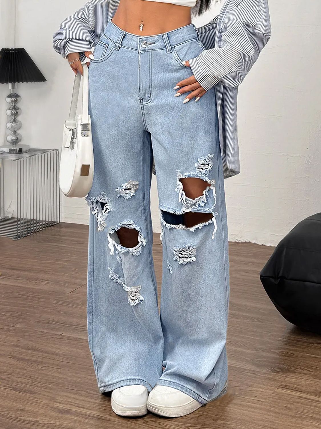 Distressed Wide Leg Jeans with Pockets - Pahabu - Women's Clothing & Shop