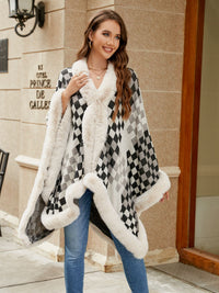 Checkered Faux Fur Trim Poncho - Pahabu - Women's Clothing & Shop