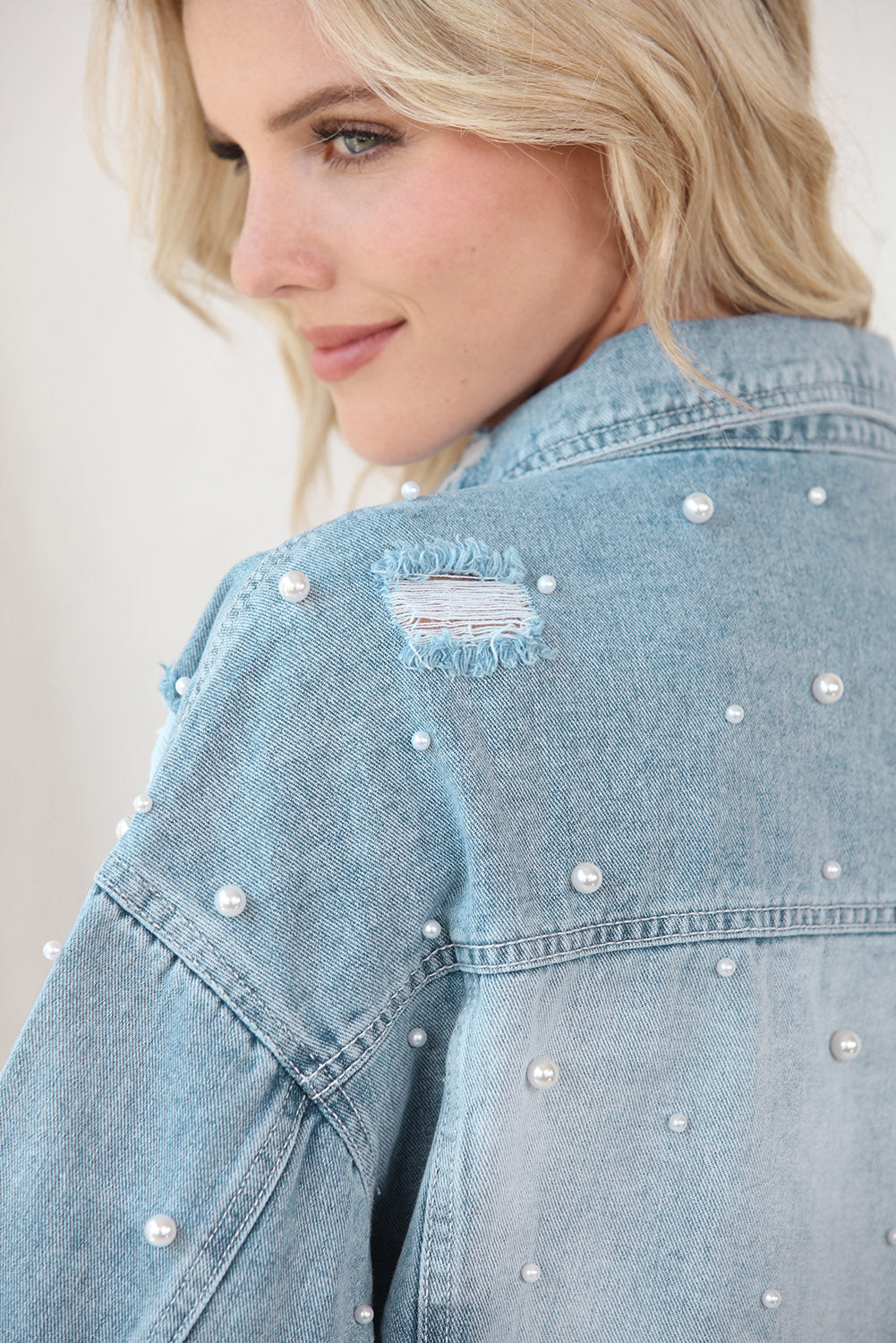 Distressed Pearl Trim Button Up Denim Jacket - Pahabu - Women's Clothing & Shop