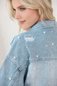 Distressed Pearl Trim Button Up Denim Jacket - Pahabu - Women's Clothing & Shop