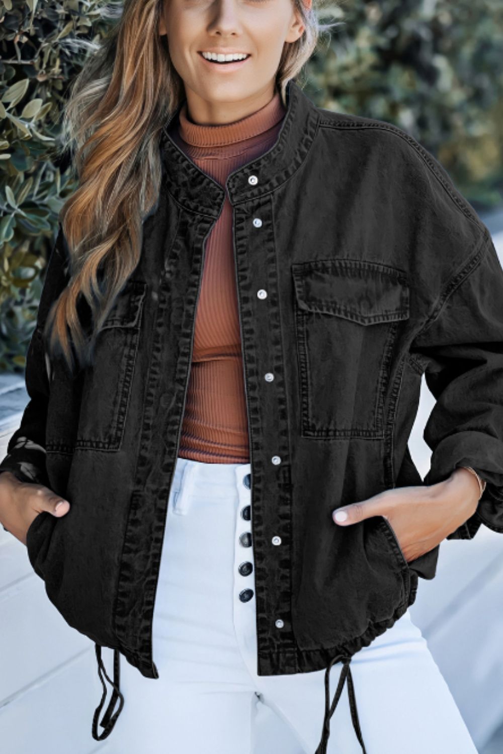 Drawstring Snap Down Denim Jacket with Chest Pockets - Pahabu - Women's Clothing & Shop