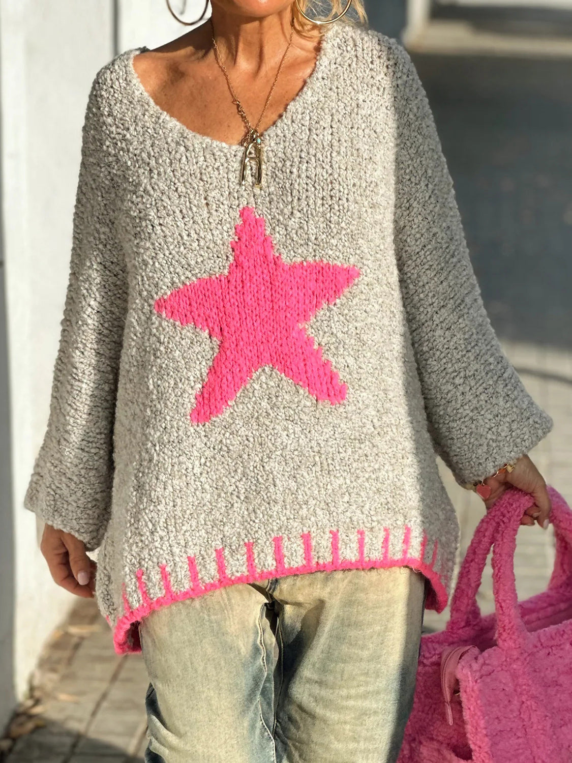 Star V-Neck Long Sleeve Oversize Sweater - Pahabu - Women's Clothing & Shop