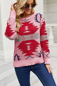 Printed Round Neck Long Sleeve Sweater - Pahabu - Women's Clothing & Shop