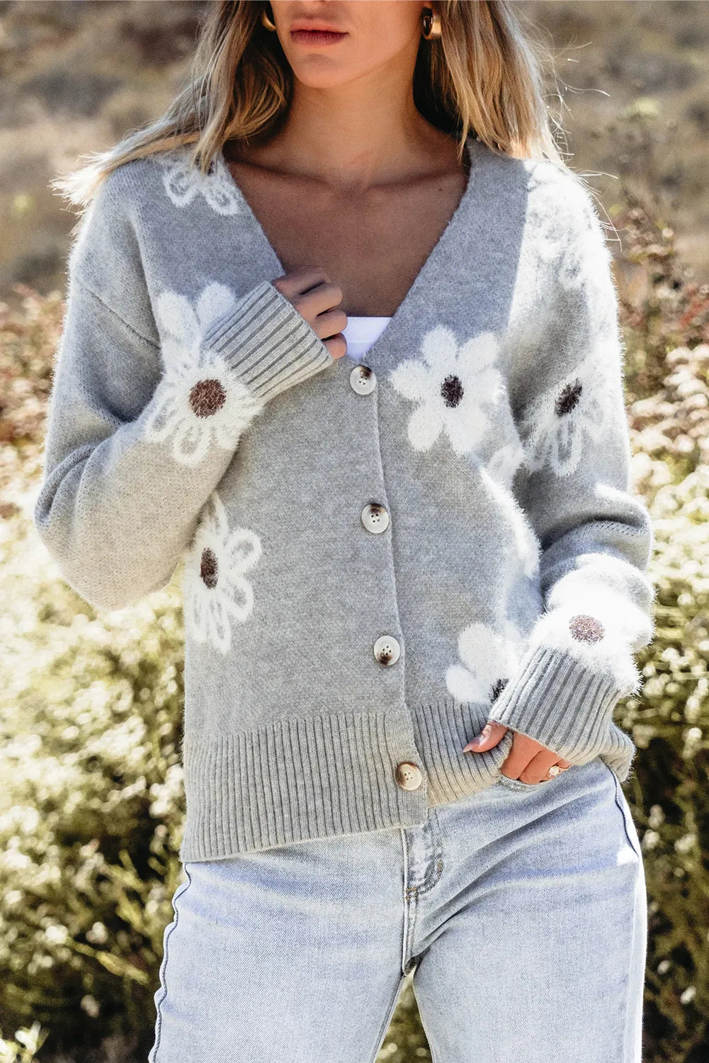 Flower Button Up Long Sleeve Cardigan - Pahabu - Women's Clothing & Shop