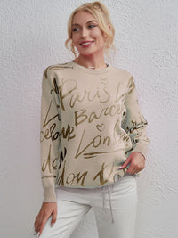 Drawstring Hem Letter Pattern Round Neck Dropped Shoulder Sweater - Pahabu - Women's Clothing & Shop