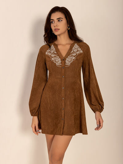 Notched Button Down Long Sleeve Mini Dress - Pahabu - Women's Clothing & Shop