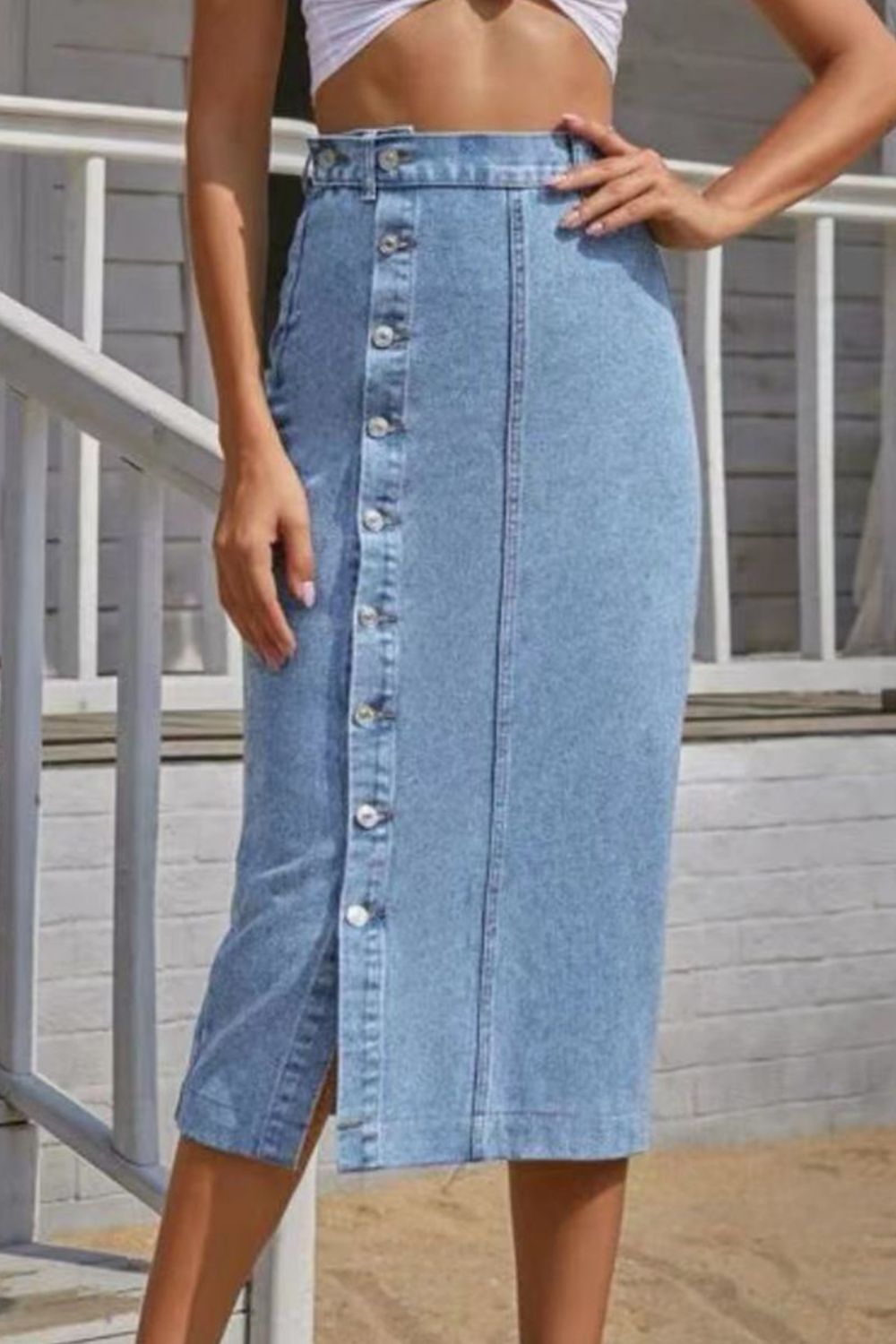 Buttoned Split Denim Skirt - Pahabu - Women's Clothing & Shop