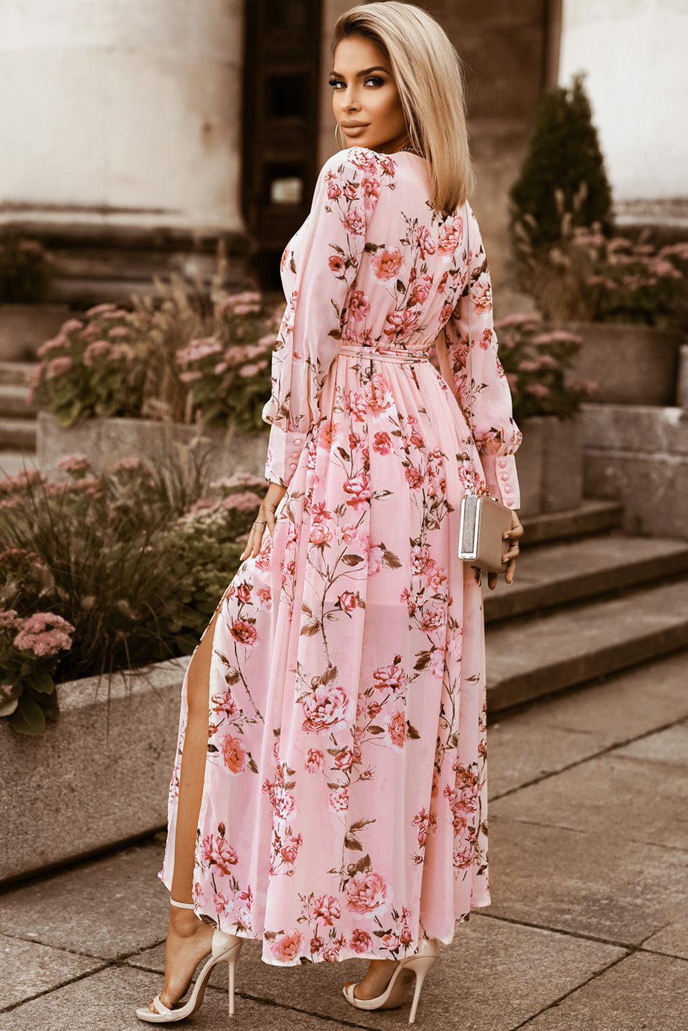 Floral Tie Belt Bishop Sleeve Slit Maxi Dress - Pahabu - Women's Clothing & Shop