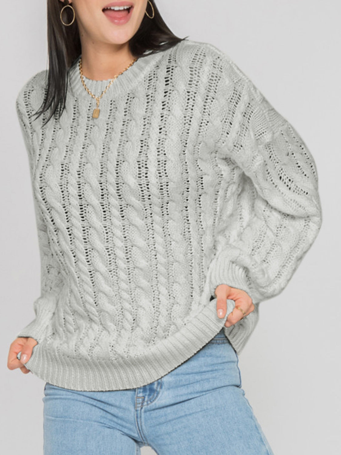 Openwork Round Sleeve Cable-Knit Sweater - Pahabu - Women's Clothing & Shop