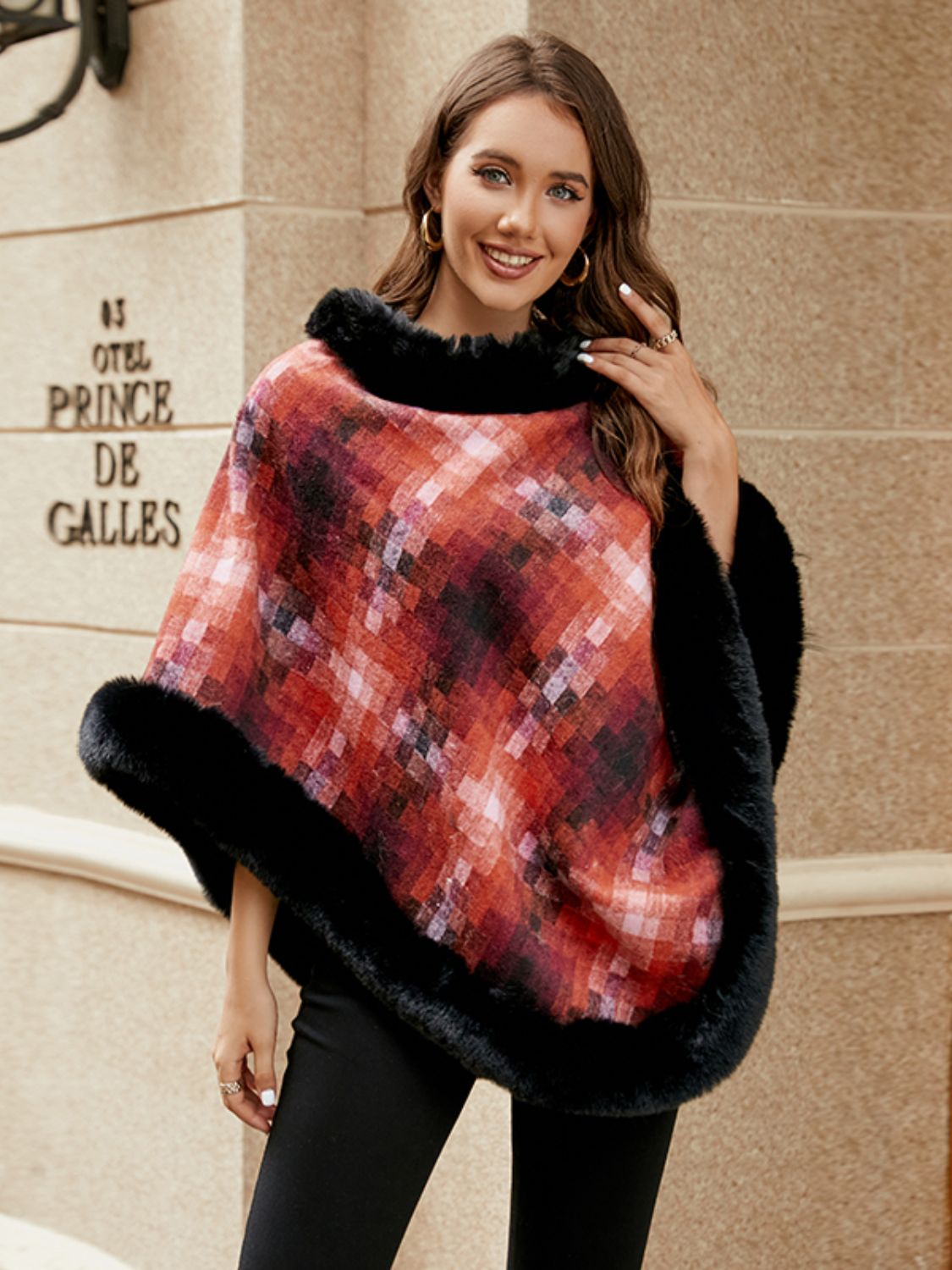 Faux Fur Trim Poncho - Pahabu - Women's Clothing & Shop