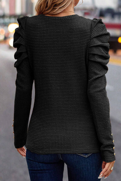 Decorative Button Puff Sleeve T-Shirt - Pahabu - Women's Clothing & Shop