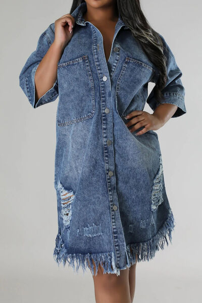 Distressed Raw Hem Button Up Denim Dress - Pahabu - Women's Clothing & Shop