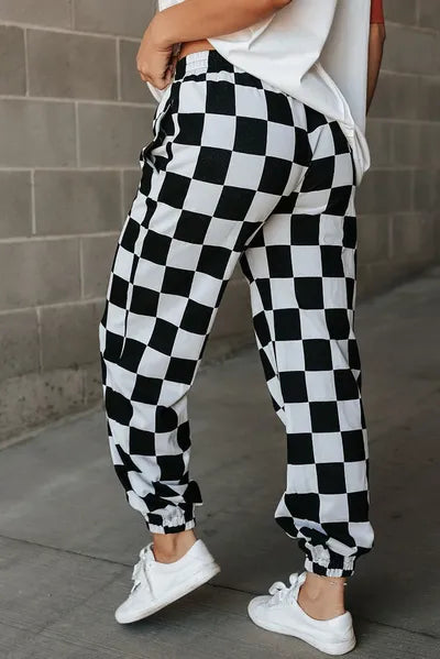 Checkered Elastic Waist Joggers - Pahabu - Women's Clothing & Shop