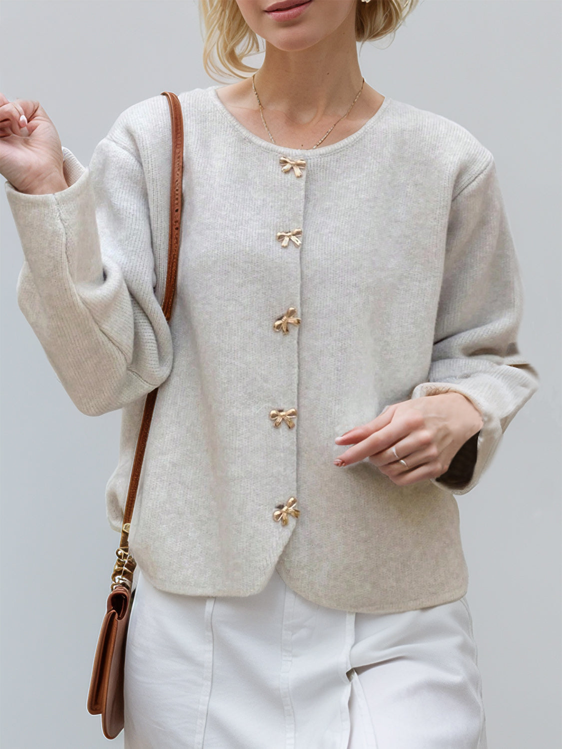 Bow Button Down Round Neck Long Sleeve Cardigan - Pahabu - Women's Clothing & Shop