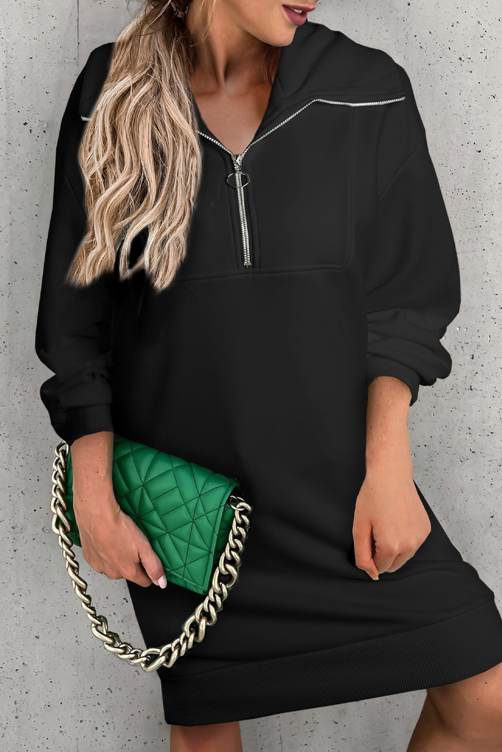 Half Zip Dropped Shoulder Mini Sweatshirt Dress - Pahabu - Women's Clothing & Shop