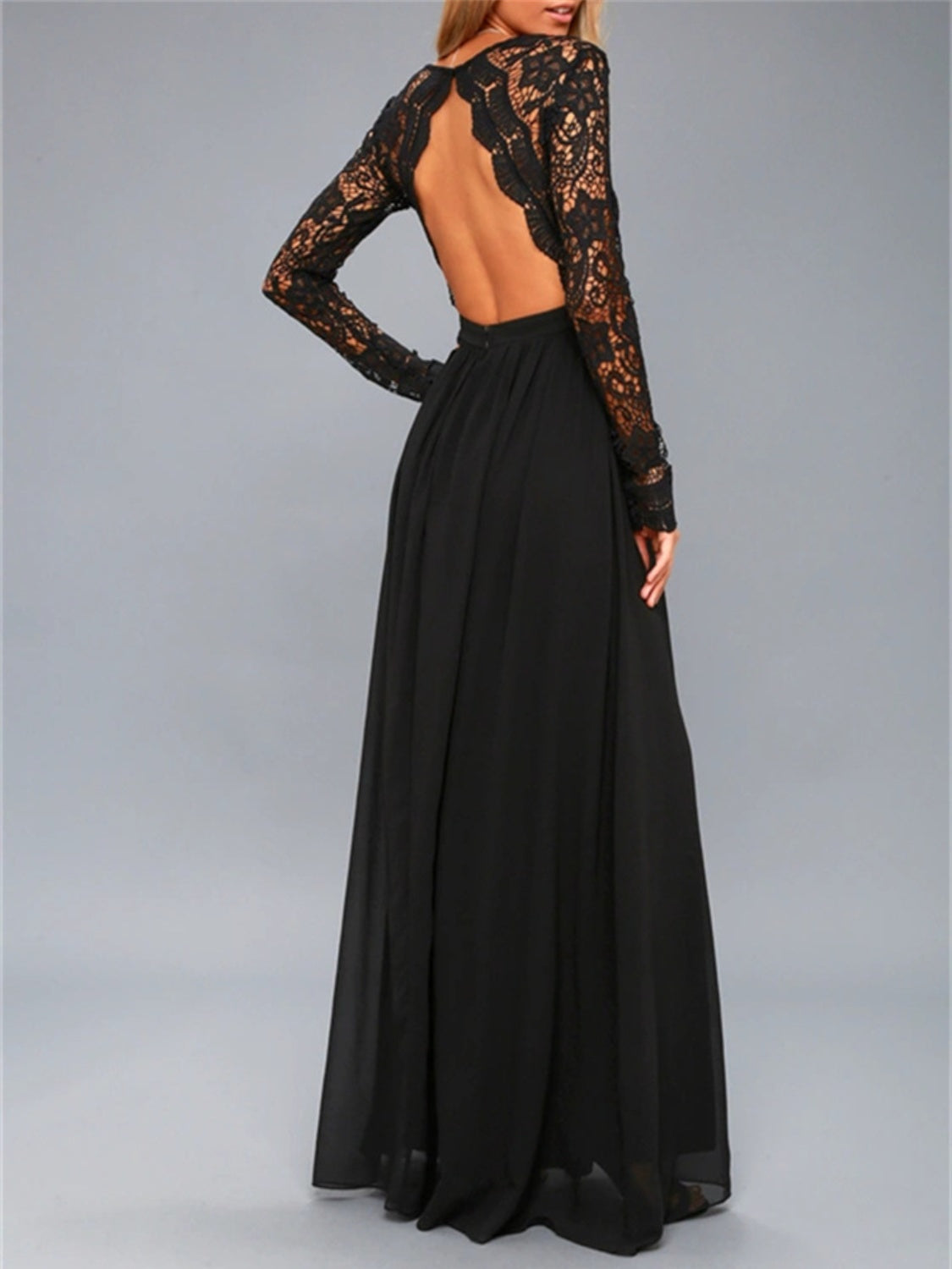 Lace Detail Backless Long Sleeve Maxi Dress - Pahabu - Women's Clothing & Shop