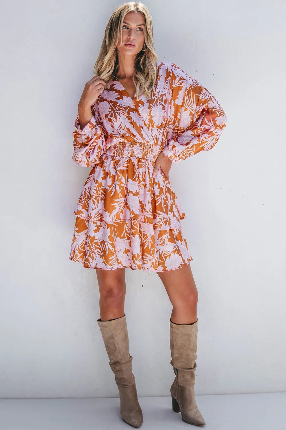 Smocked Printed Long Sleeve Mini Dress - Pahabu - Women's Clothing & Shop