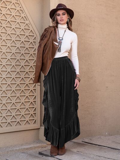 Ruffle Trim Wide Leg Slit Pants - Pahabu - Women's Clothing & Shop