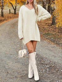 V-Neck Dropped Shoulder Sweater Dress - Pahabu - Women's Clothing & Shop