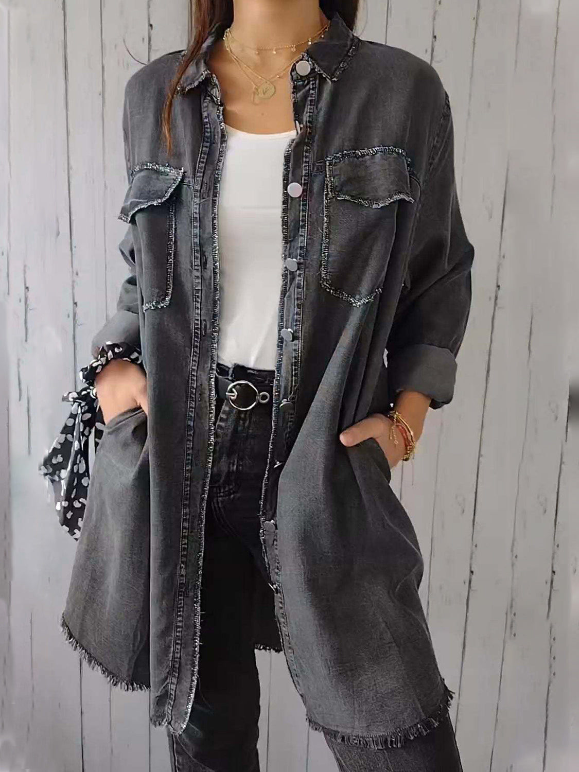 Full Size Raw Hem Button Up Long Sleeve Denim Top Plus Size - Pahabu - Women's Clothing & Shop