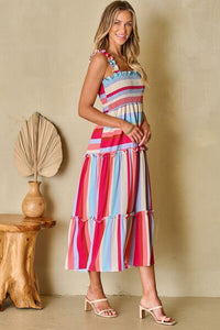 Striped Frill Smocked Tiered Midi Dress - Pahabu - Women's Clothing & Shop