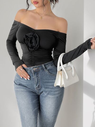 Perfee Ruched Flower Off-Shoulder Long Sleeve Bodysuit - Pahabu - Women's Clothing & Shop