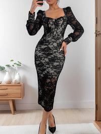 Perfee Lace Sweetheart Neck Long Sleeve Midi Dress - Pahabu - Women's Clothing & Shop