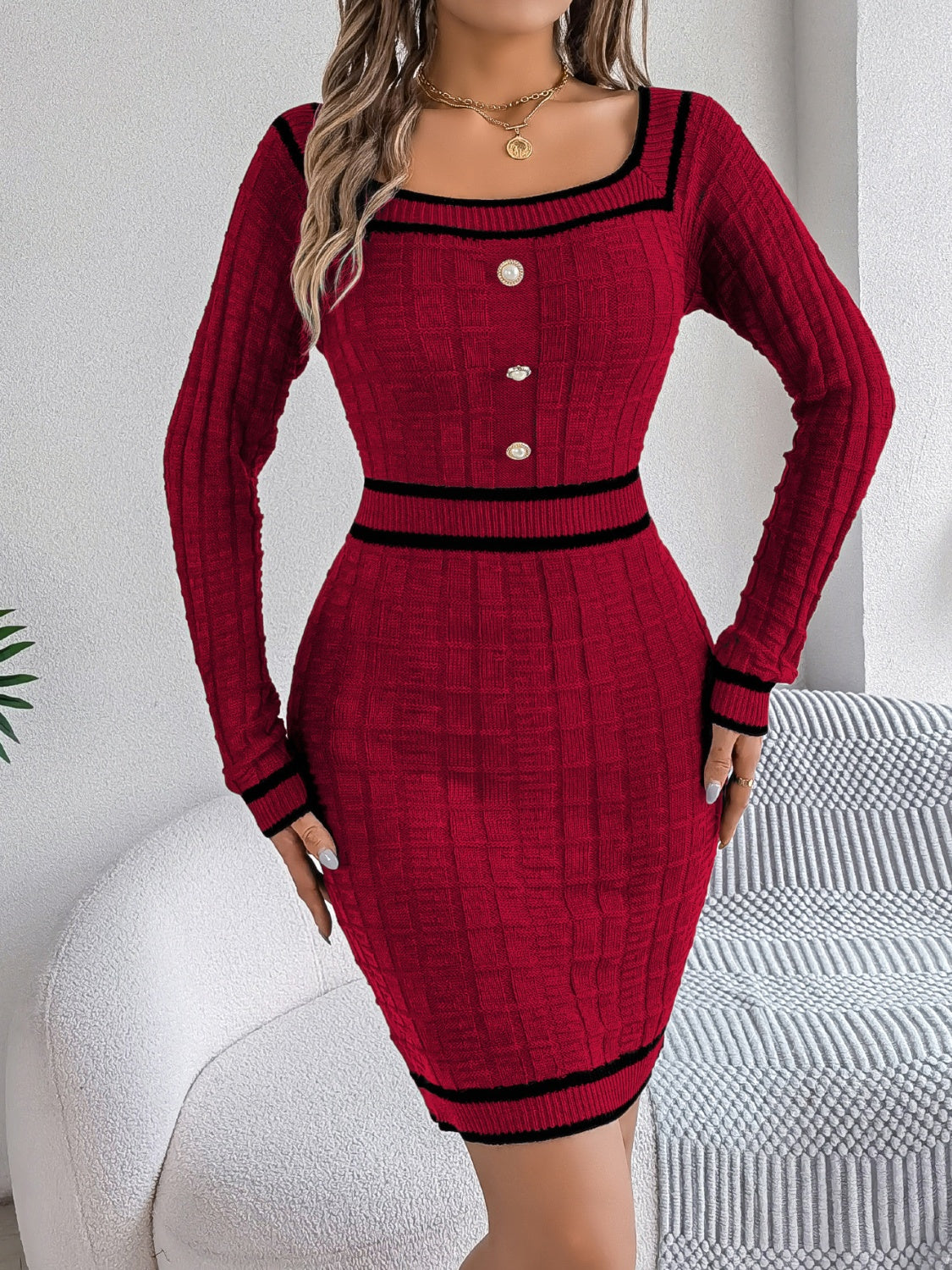 Contrast Trim Long Sleeve Sweater Dress - Pahabu - Women's Clothing & Shop
