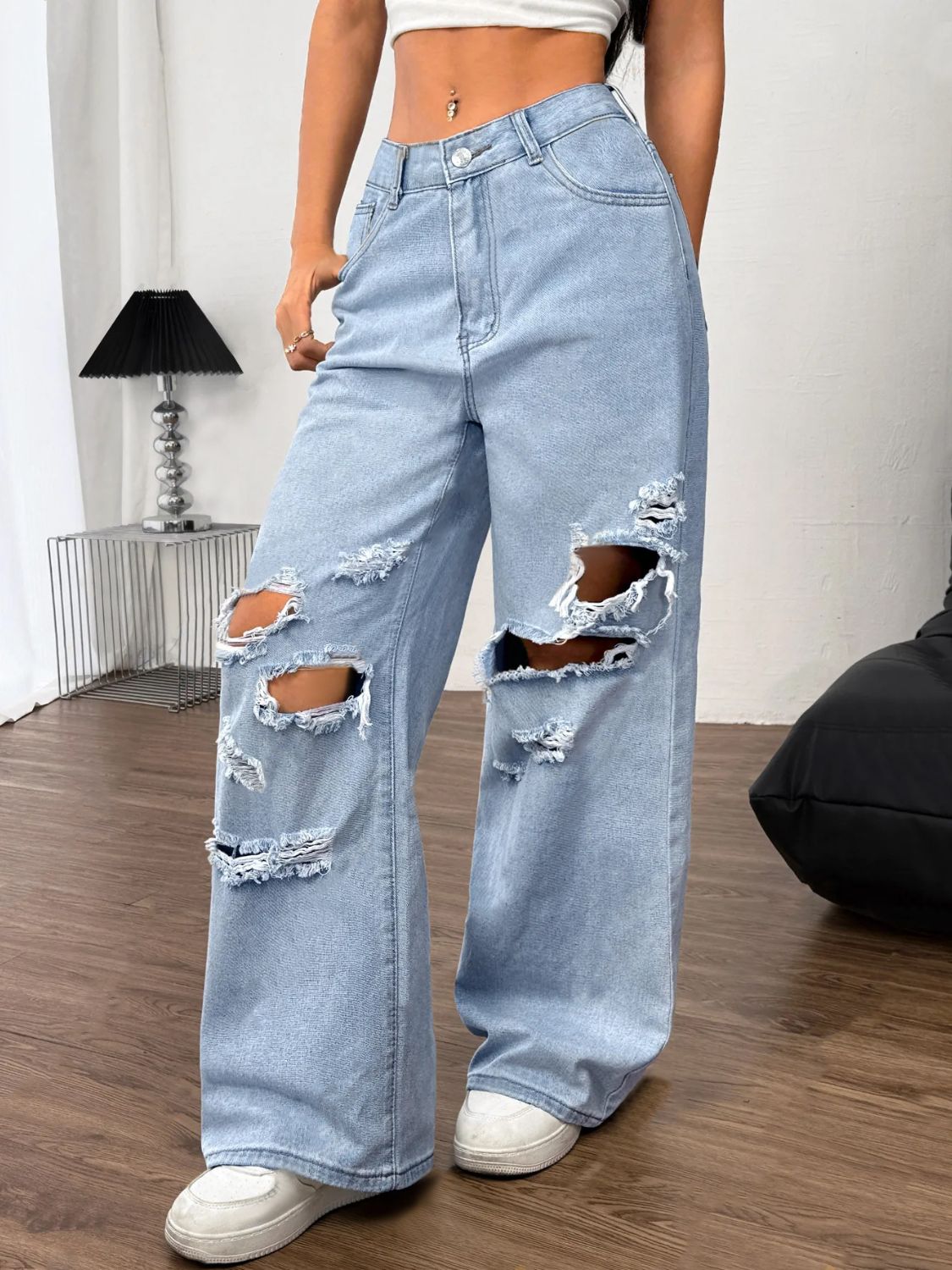 Distressed Wide Leg Jeans with Pockets - Pahabu - Women's Clothing & Shop