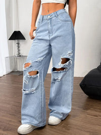 Distressed Wide Leg Jeans with Pockets - Pahabu - Women's Clothing & Shop