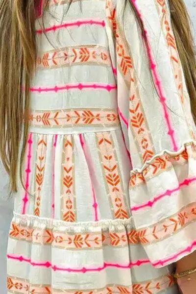 Frill Printed Notched Long Sleeve Dress - Pahabu - Women's Clothing & Shop