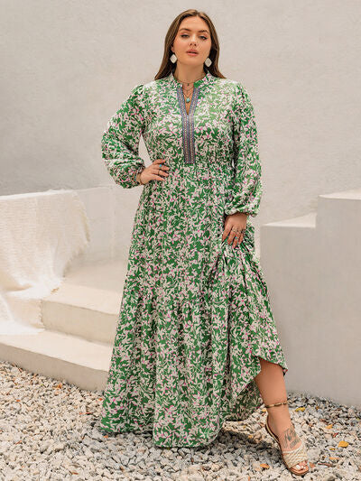 Plus Size Printed Notched Long Sleeve Maxi Dress - Pahabu - Women's Clothing & Shop