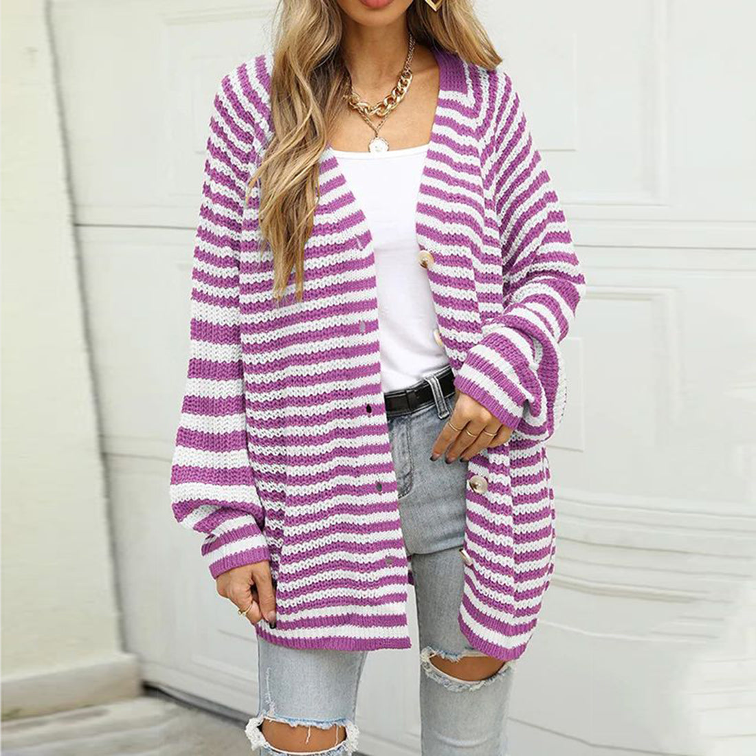 Striped Button Down Long Sleeve Cardigan - Pahabu - Women's Clothing & Shop