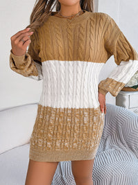 Cable-Knit Round Neck Color Block Sweater Dress - Pahabu - Women's Clothing & Shop