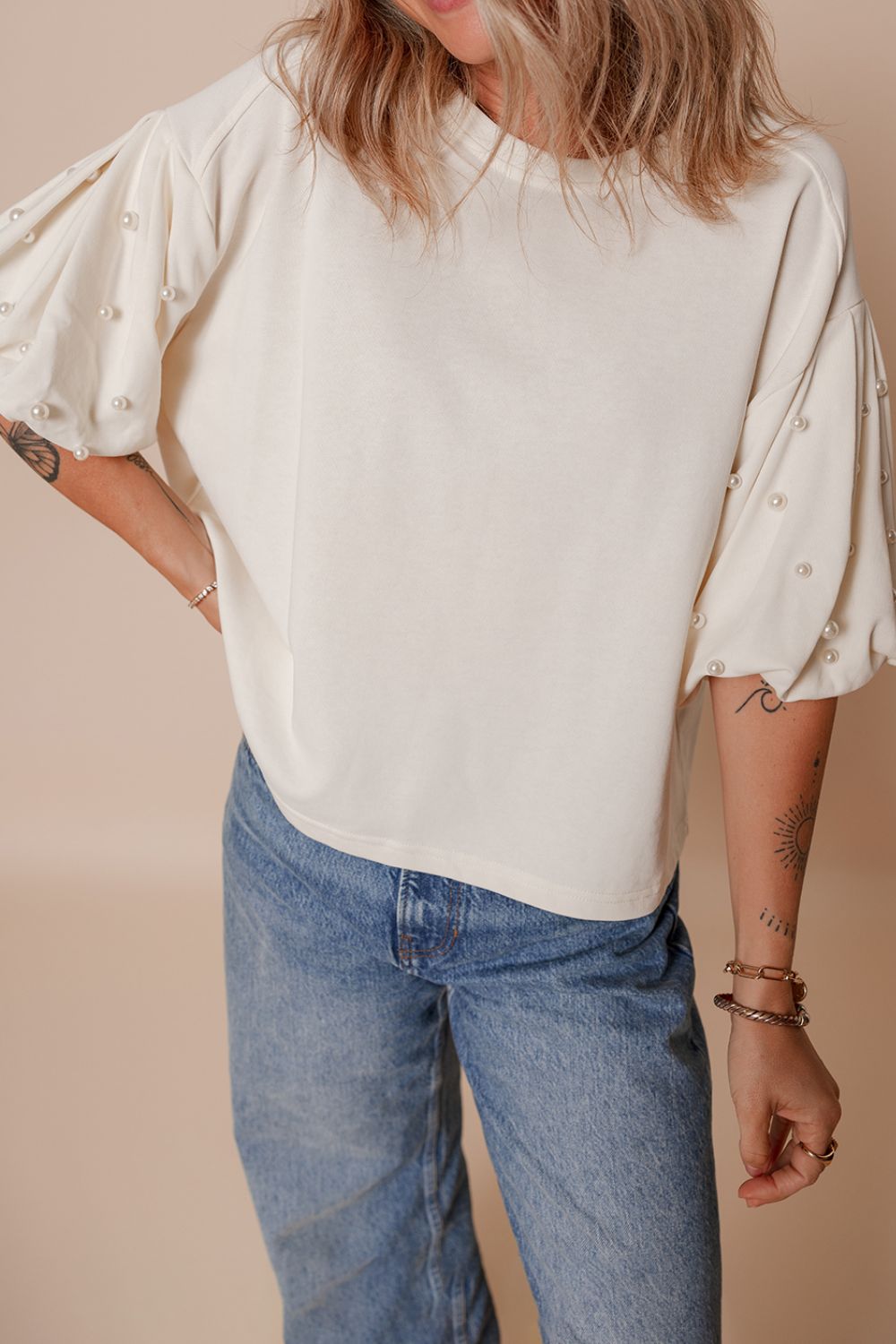 Pearl Detail Round Neck Half Sleeve Blouse - Pahabu - Women's Clothing & Shop