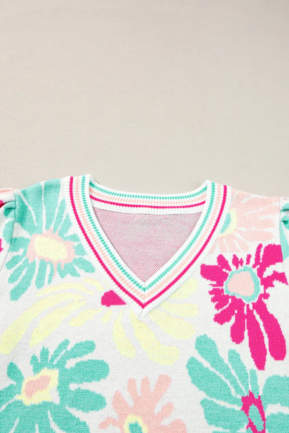 Flower V-Neck Puff Sleeve Sweater - Pahabu - Women's Clothing & Shop