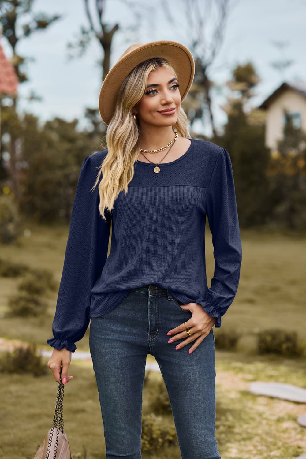 Round Neck Puff Sleeve Blouse - Pahabu - Women's Clothing & Shop